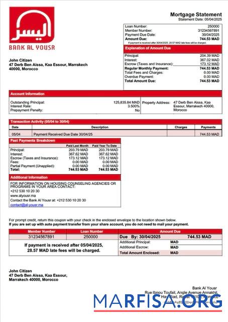 Downloadable Morocco Bank Al Yousr mortgage statement Word and PDF template